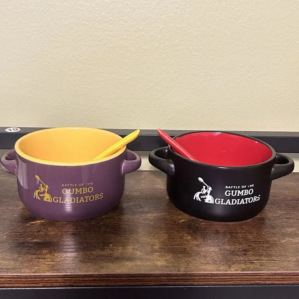 Battle of the Gumbo Gladiators Ceramic Gumbo Bowls w/Spoons Set of 2 SHREVEPORT